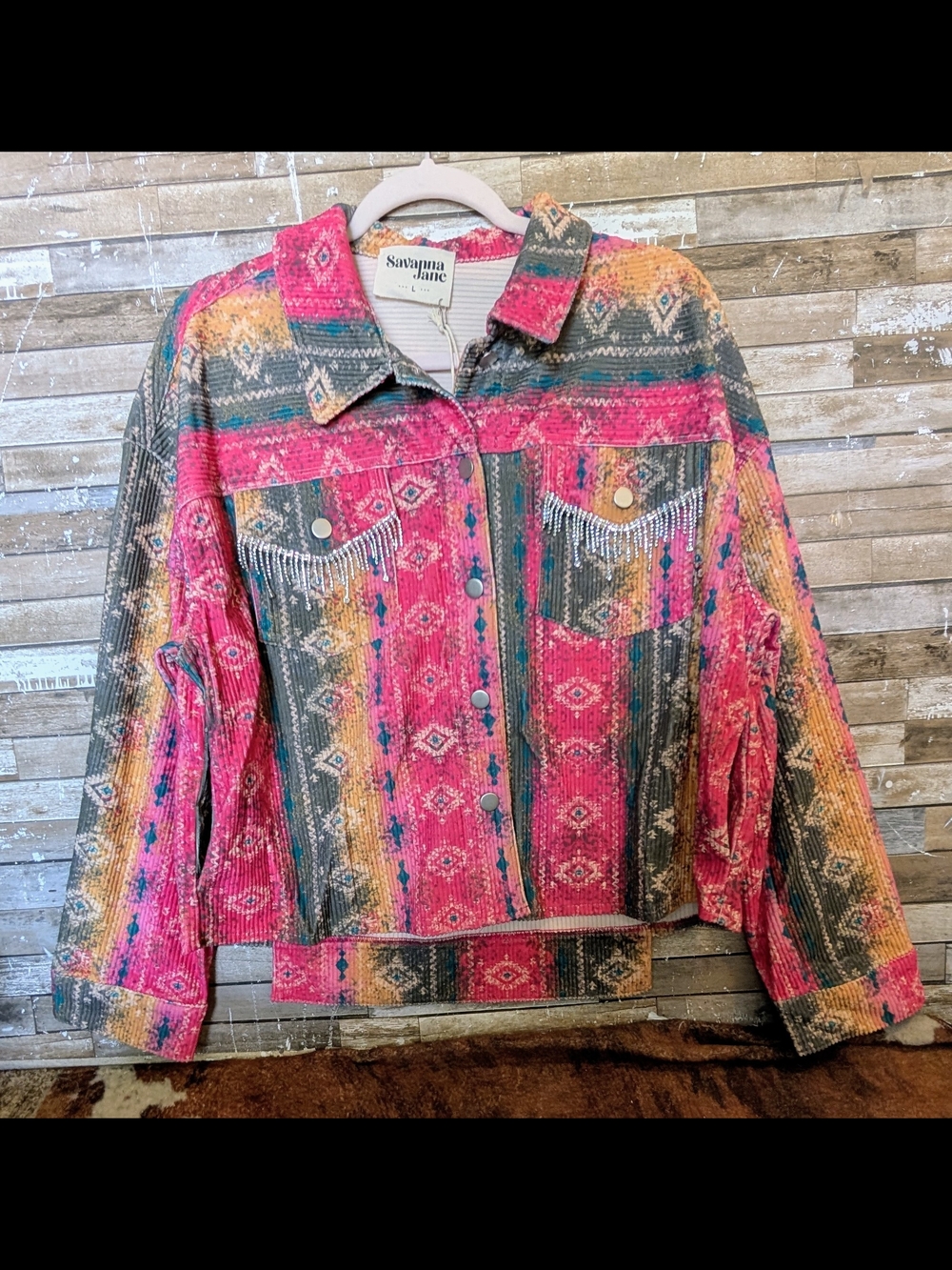Nwt Savannah Jane Soft Corduroy Southwest Design Jacket W Rhinestone Chn Fringe